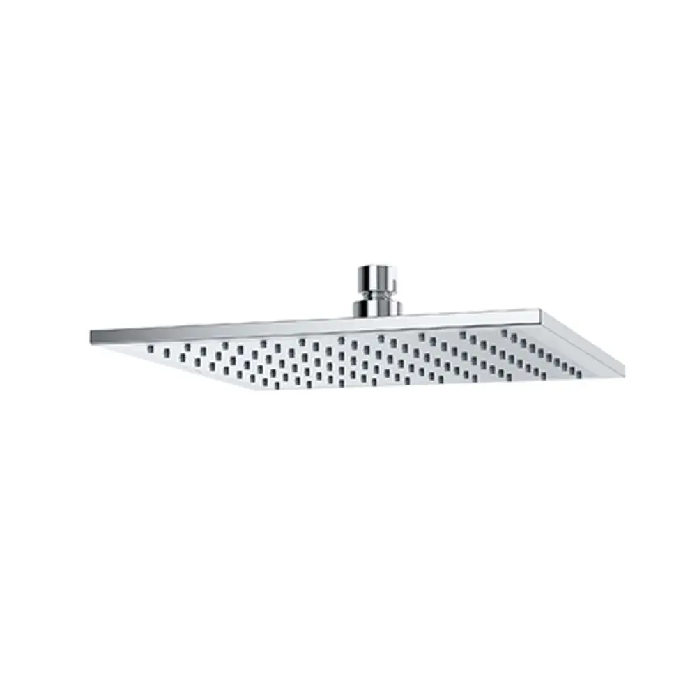 Eckige, flache Kopfbrause in Chrom von Kludi mit gleichmäßiger Düsenanordnung zur Wasserverteilung.